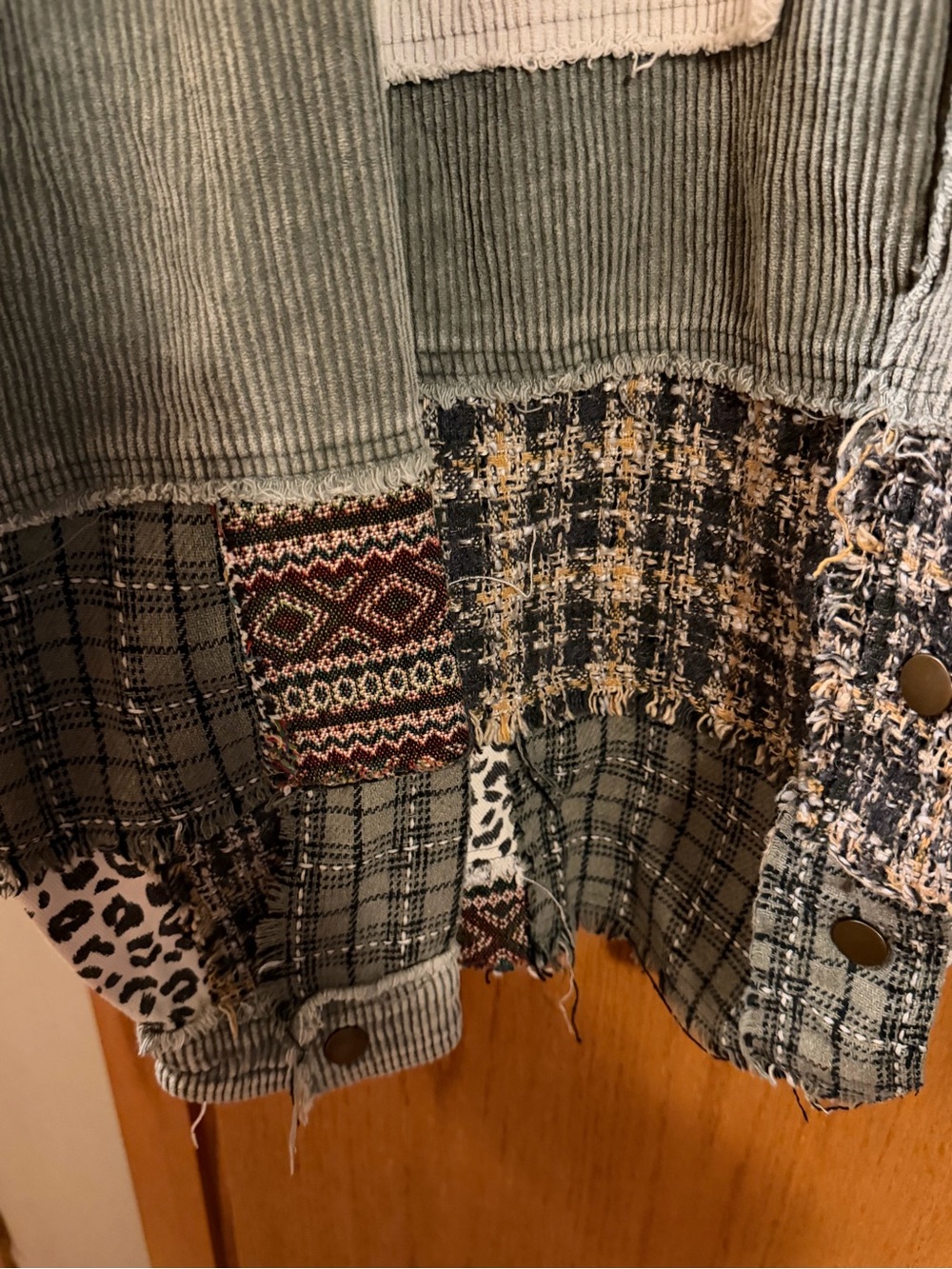 Oli & Hali Olive Patchwork Corduroy Shacket with Neutral Accents - Picture 3 of 4